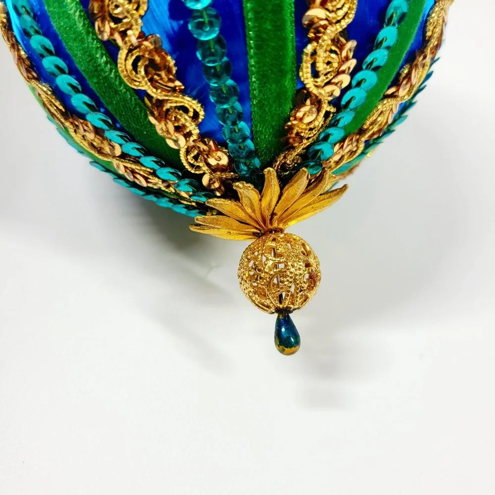 Vintage Large Satin Blue Green Ribbon Push Pin Ornament 4.5
